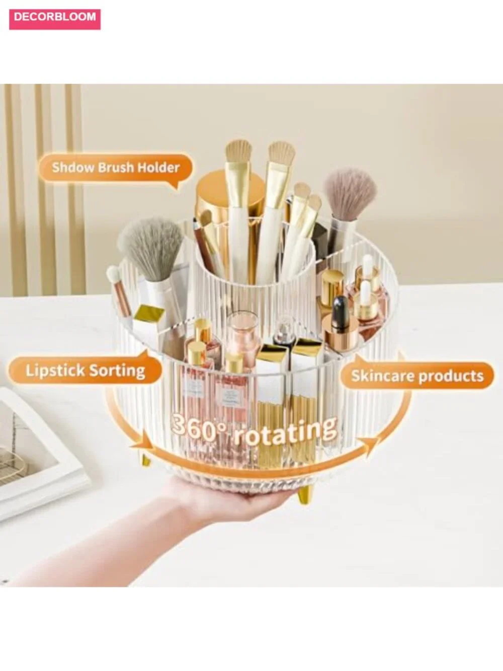 360° Rotate Makeup Brush Holder Organizer, Cosmetic Display Case for Vanity